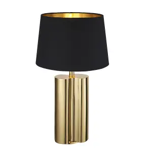 Luminosa Calan Table Lamp Gold Effect Plate, Black Cotton Fabric Shade