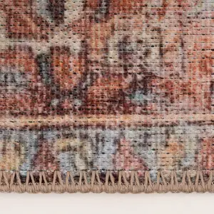 Distressed Terracotta Blue Persian Style Washable Non Slip Runner Rug 60x240cm