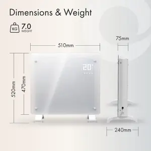 WiFi Smart Electric Glass Panel Heater 1000W Wall Mounted Or Free Standing White