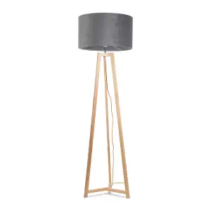 ValueLights Lottie Natural Wood Tripod Floor Lamp with Grey Velvet Drum Shade - LED Bulb Included