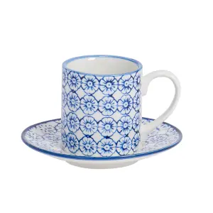 Nicola Spring Hand-Printed Espresso Cup & Saucer Set - Japanese Style Porcelain Tea Coffee Crockery Cups - 65ml - Navy