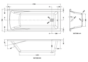 1700 x 700mm Square Bathtub, Front Panel with Straight Bath Screen - Chrome Profile