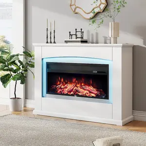 34inch Electric Fireplace with White Wooden Mantel 12-colour Flame Display