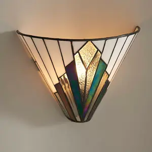 Tiffany Glass Wall Light Cream & Iridescent Black Shade Interior Sconce i00238