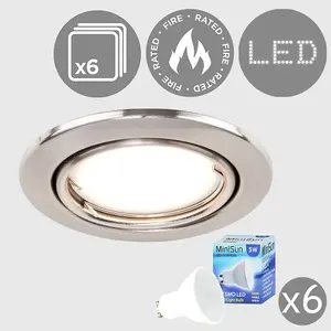 ValueLights Downlight Tiltable Fire Rated Brushed Chrome Ceiling Light Fitting 6 Pack With Warm White Bulbs