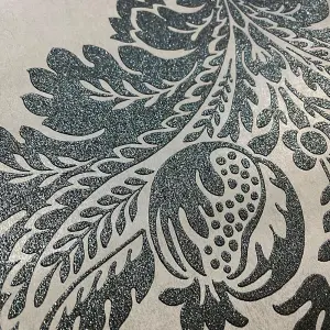 Fine Decor Glitter Damask Grey Blue Wallpaper Floral Embossed Paste The Wall