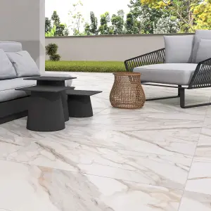 RAK 60x120 20mm Calacatta Gold White Matt Smooth Unglazed Marble Effect Porcelain Outdoor Paving Tile - 21.6m² Pack of 30