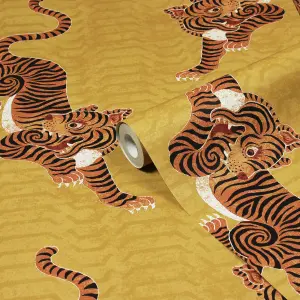 furn. Tibetan Tiger Mustard Yellow Animal Printed Wallpaper Sample