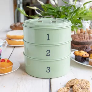 Living Nostalgia Traditonal Style 3 Tier Airtight Cake Tin Set -Sage Green