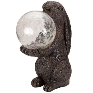 Solar Powered LED Hare Garden Ornament - Hand Painted Polyresin Sculpture with Light Up Crackle Glass Ball - H33 x W15 x D25cm