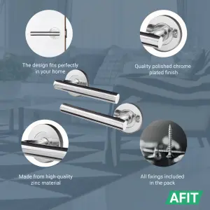 AFIT Chrome Door Handle - 5 Pairs Lever on Rose Round T-Bar  Handles- Olvera Range - Polished Chrome