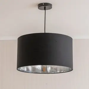 ValueLights Reni Large Black Fabric with Metallic Chrome Silver Inner Drum Ceiling Lamp Shade and Bulb