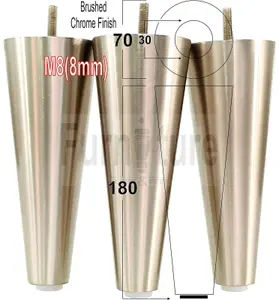 4 Replacment Brushed Chrome Metal Legs 180mm High Round Tapered Feet M8 Couch Chairs Sofa Footstool Bed