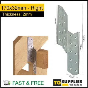 Pack of 10 - Heavy 2mm Duty Galvanised Right Truss Clip - Truss Connector - Rafter Connector Bracket - Angle Bracket 170x32mm