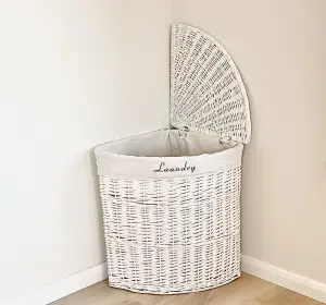 White Corner Wicker Laundry Basket with Cotton Lining Large 62 x 46 x 60 cm