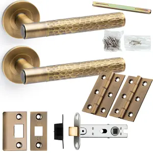 Door Handle & Latch Pack - Antique Brass - Modern Hammered Lever On Round Rose