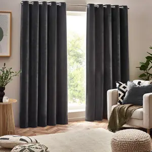 Yard Heavy Chenille Velvet Eyelet Curtains, Charcoal