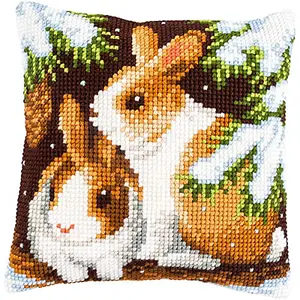 CUSHION RABBITS/SNOW - Cross Stitch Kit: Cushion: Rabbits in the Snow - Vervaco