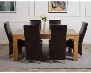 Dakota 182 x 92 cm Chunky Oak Large Dining Table and 6 Chairs Dining Set with Lola Brown Leather Chairs