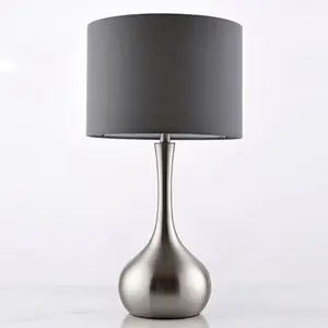 Touch Dimmer Table Lamp Satin Nickel & Grey Shade Modern Metal Bedside Light