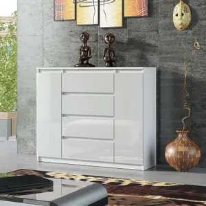 Chest Of Drawers Cabinet Cupboard Bedroom - White Gloss 4 Drawers 2 Doors