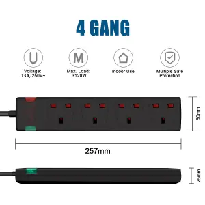 4 Way Socket with Cable 3G1.25,3M,Black,with Power Indicater,Child Resistant Sockets,Surge Indicator