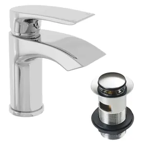 White 400 Vanity Basin Sink Unit & Sleek Waterfall Basin Tap & Waste - Chrome