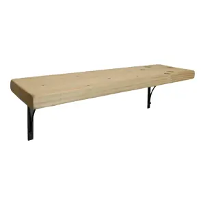 Solid Wood Handmade Rustical Shelf Unprimed 175mm 7 inch with Black Metal Bracket BOW Length of 140cm