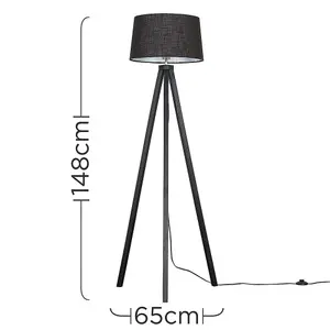 ValueLights Barbro Modern Black Wood Tripod Floor Lamp with Black Tapered Shade - Includes 6w LED GLS Bulb 3000K Warm White