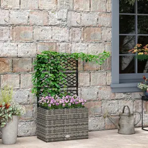 Outsunny Garden PE Rattan Planter Box w/ Trellis Flower Raised Bed, 57x30x107cm