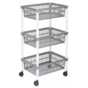 2 Sets Fruit, Veg, Onion & Potatoes Grey Plastic Trolley Basket On Wheels For Kitchens