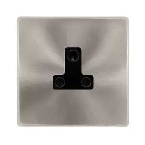 Brushed Steel Screwless Plate 1 Gang 5A Round Pin Socket - Black Trim - SE Home