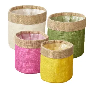 Yellow Hessian Lined Plant Pot Cover. H15 x W15 cm