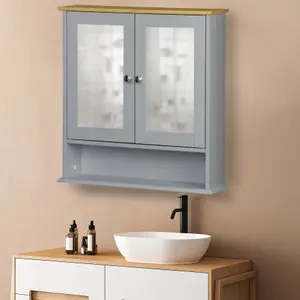 Double Mirror Bathroom Cabinet with Shelf - Grey Bamboo Top