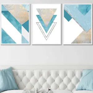 Set of 3 Aqua Blue Abstract Mid Century Geometric Wall Art Prints / 50x70cm / White Frame