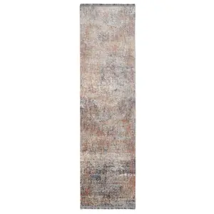 Blue Terracotta Distressed Abstract Soft Fringed Runner Rug 60x240cm