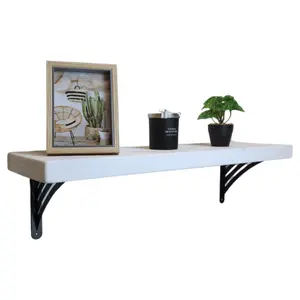 Solid Wood Handmade Rustical Shelf White 225mm 9 inch with Black Metal Bracket WAT Length of 50cm