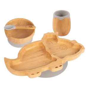 Tiny Dining - Dinosaur Bamboo Suction Baby Feeding Set - Grey - 4pc