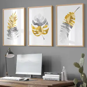 Set of 3 Geometric Yellow Grey Tropical Leaves Wall Art Prints / 42x59cm (A2) / Black Frame