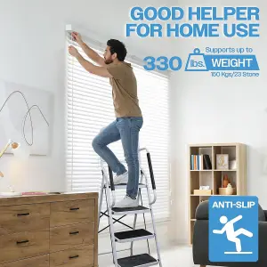 4 Step Safety Stepladder - White Foldable Ladder with Wide Non-Slip Treads, Safety Handrail & Rubber Ferrules - H159 x W53 x D84