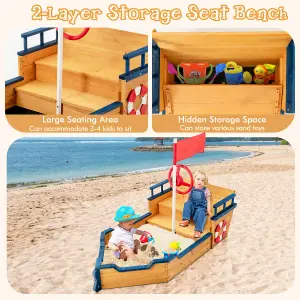 Costway Kids Wooden Sandbox Pirate Ship Play Boat w/ Flag Rudder Lifebuoy Decoration