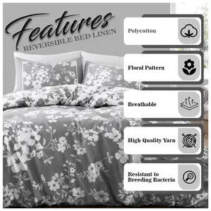 Mancuso Cotton Blend Floral Duvet Cover Set with Pillowcases Gray / Single