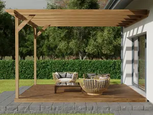 Wall mounted pergola and decking complete diy kit, Dinasty design (3.6m x 3.6m, Rustic brown finish)