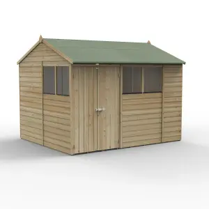 Forest Garden Beckwood Shiplap 10x8 ft Reverse apex Natural timber Wooden Pressure treated 2 door Shed with floor & 4 windows (Base included) - Assembly service included