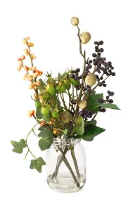 Bloom Artificial Autumn Berries Arrangement in Jam Jar Vase - Faux Flower Centrepiece Floral Home Decoration - H30 x W25cm