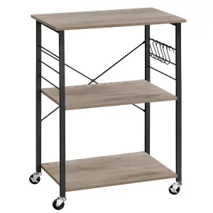 VASAGLE Kitchen Shelf on Wheels, Serving Trolley with 3 Shelves, Microwave Shelf, for Mini Oven, Toaster, with 6 Hooks