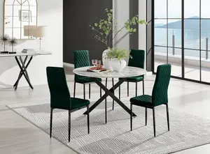 Furniturebox UK Novara White Marble Black Leg 120cm Round Dining Table & 4 Green Velvet Milan Black Leg Chairs