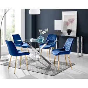 Lenworth Glass Rectangular Dining Table Set with 4 Luxury Velvet Chairs Navy/Gold / Silver