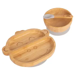 Tiny Dining - Children's Bamboo Suction Monkey Dinner Set - Grey