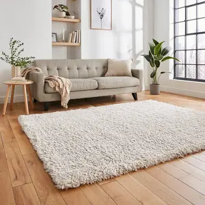 Ivory Plain Modern Shaggy Easy To Clean Rug For Dining Room-160cm X 220cm